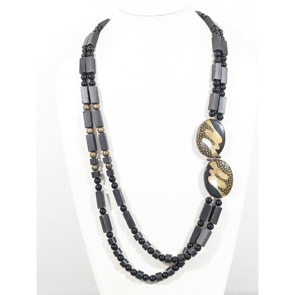 Vintage Japan Black Gold tone Double Strand Beaded Long Bold Necklace 30 in - Picture 1 of 16